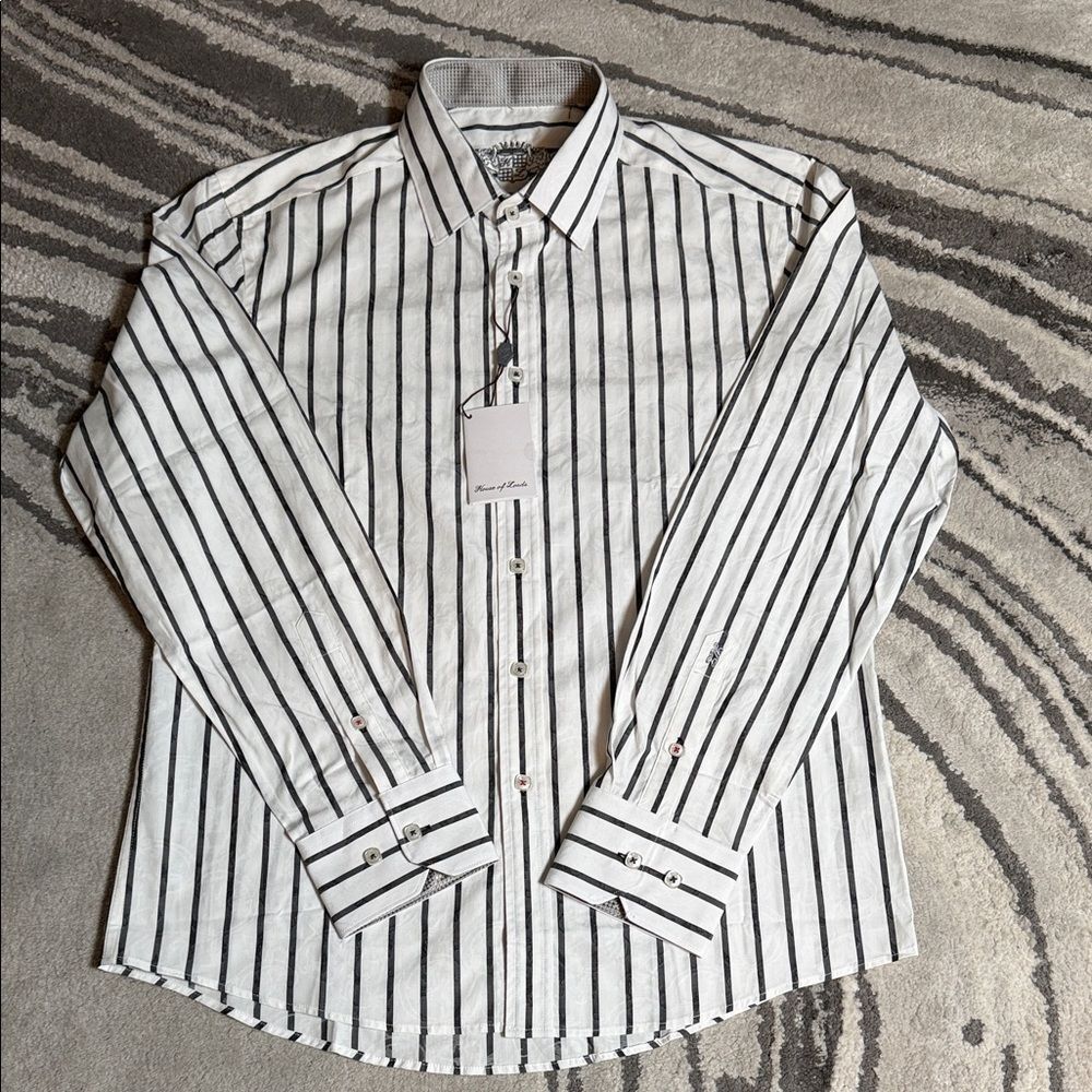 House Of Lords Gray and White Striped Men's Button Up Shirt